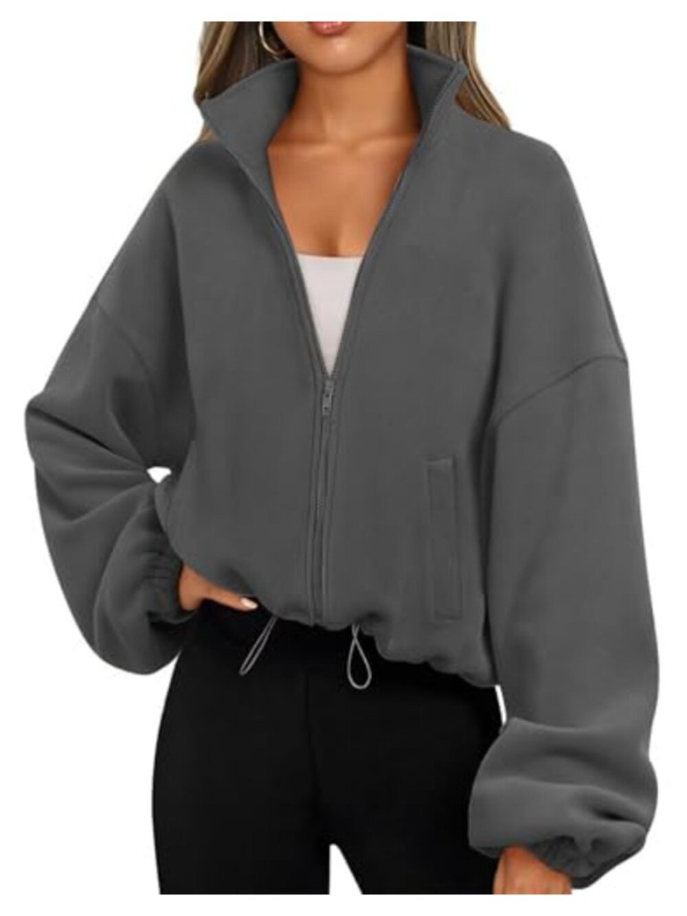 Famulily Women's Zip Up Fleece Cropped Y2K Jacket Sweatshirt Oversized Long